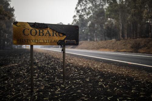 Fire damaged 'Cobargo' welcome sign on the Princes Highway, Cobargo, New South Wales, 7 January 2020 / Sean Davey