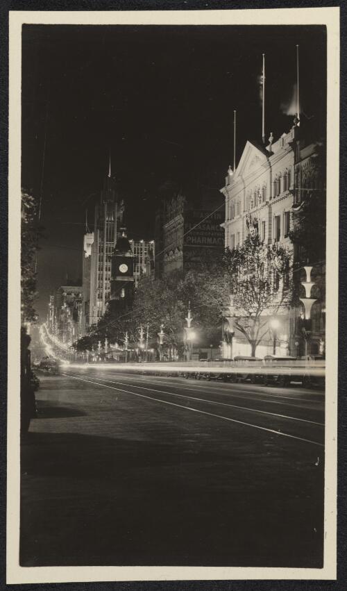 Swanston Street illuminated for the Melbourne Centenary, 1934