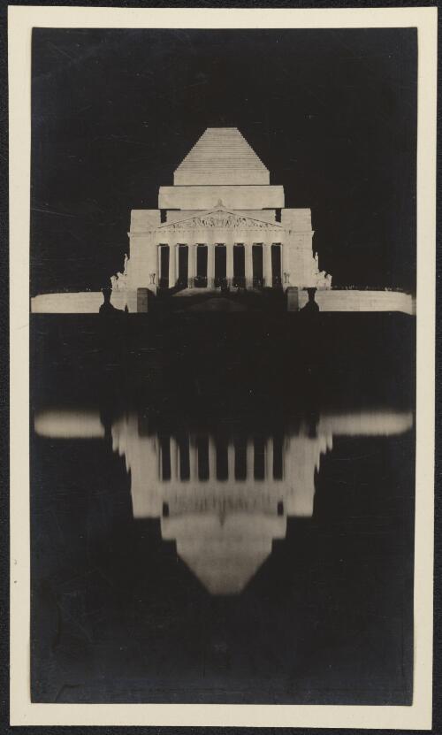 Shrine of Remembrance illuminated for the Melbourne Centenary, 1934