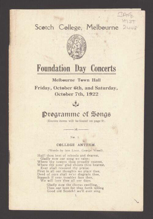 Scotch College, Melbourne, Foundation Day concerts Melbourne Town Hall ... 1922 : programme of songs