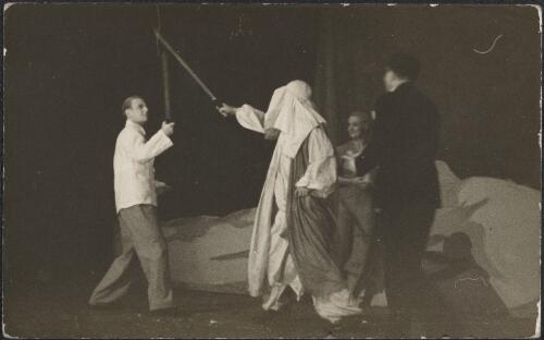 Rehearsal of a sword fight between performers, approximately 1936
