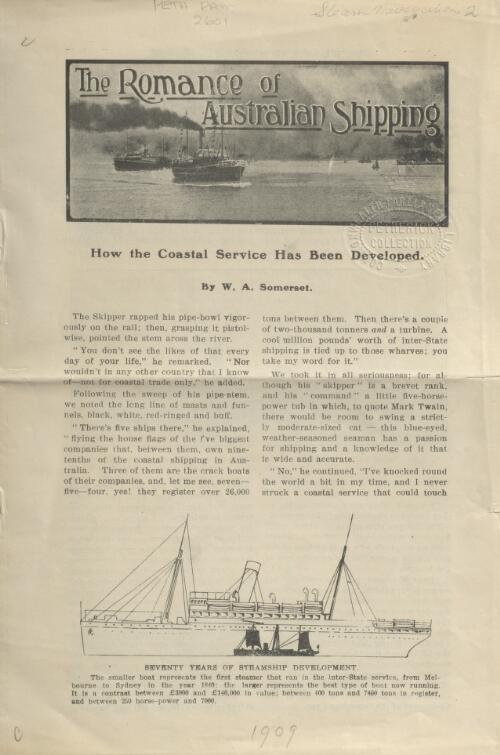 The romance of Australian shipping : how the coastal service has been developed / by W.A. Somerset