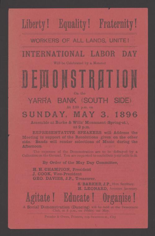 International labor day will be celebrated by a monster demonstration on the Yarra Bank (south side) at 2.30 p.m. on Sunday, May 3, 1896... / by order of the May Day Committee