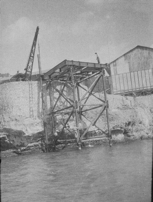 Scaffolds assembled during construction of pier, Christmas Island, approximately 1902, 3