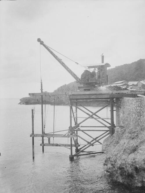 Crane at the Christmas Island Phosphate Company pier construction, Christmas Island, approximately 1902, 1