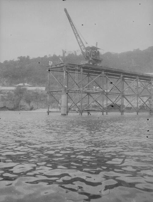 Workmen and crane during the construction of Christmas Island Phosphate Company pier, Christmas Island, approximately 1902, 9