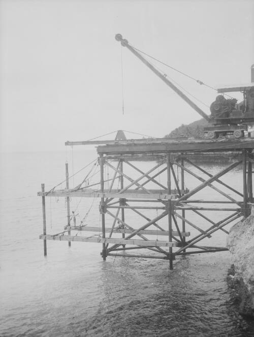 Workman and crane during the construction of Christmas Island Phosphate Company pier, Christmas Island, approximately 1902, 2