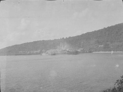 Christmas Island Phosphate Company pier complex with a moored steam cargo vessel viewed from the shore, Christmas Island, approximately 1927