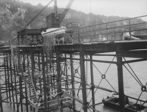 Motorboat securely stored on the upper level of the Christmas Island Phosphate Company pier, Christmas Island, approximately 1927