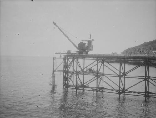 Workmen and crane during the construction of Christmas Island Phosphate Company pier, Christmas Island, approximately 1927, 1