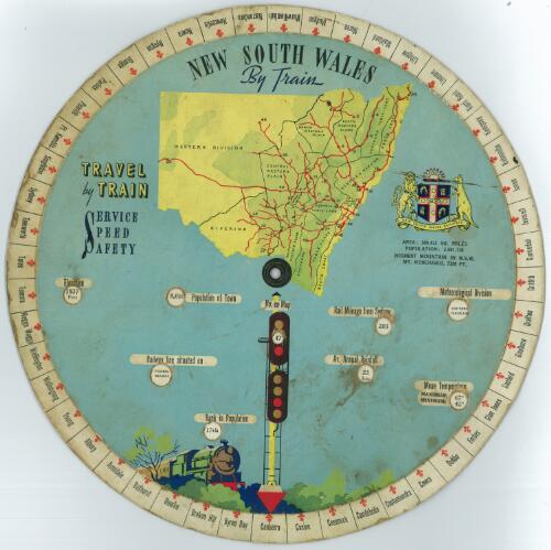 New South Wales by train [cartographic material] : travel by train, service, speed, safety / [designed and printed in Australia for The New South Wales Railway Department by Waite & Bull, Sydney]