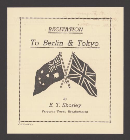 Recitation : to Berlin & Tokyo / by E.T. Shorley