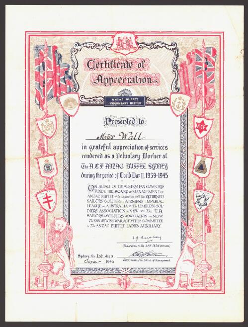 Certificate of appreciation, Anzac Buffet voluntary helper : presented to ___ in grateful appreciation of services rendered as a voluntary worker ar the A.C.F. Anzac Buffet, Sydney, during the period of World War II 1939-1945