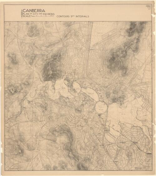 Canberra plan of city and environs. 103C [cartographic material] : contours 5ft. intervals / Walter Burley Griffin, Federal Capital Director, Design and Construction ; photolitho'd at the Melbourne and Metropolitan Board of Works under the direction of A.E. Hodge 4-1-18