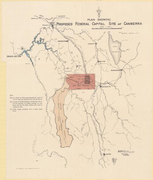 Plan showing proposed Federal Capital Site at Canberra [cartographic material] / [signed by] J.M. ; W.J. Hanna, Under Secretary for Public Works