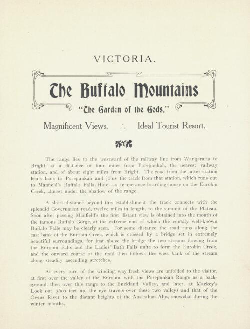 Souvenir -- Buffalo Mountains, Victoria, Australia / issued by the Mines Department, Melbourne