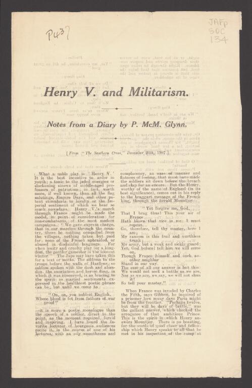 Henry V and militarism : notes from a diary / by P. McM. Glynn