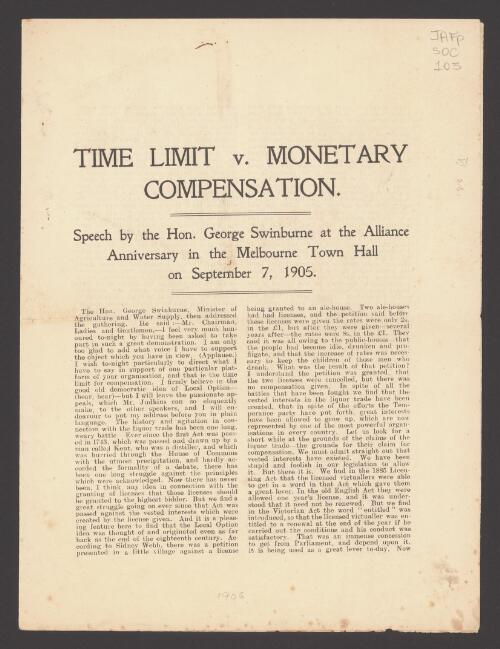 Time limit v. monetary compensation : speech / by George Swinburne at the Alliance anniversary in the Melbourne Town Hall on September 7, 1905