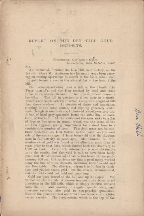 Report on the Den Hill gold deposits / [W.H. Twelvetrees]
