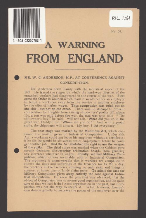 A Warning from England : Mr. W.C. Anderson, M.P., at conference against conscription