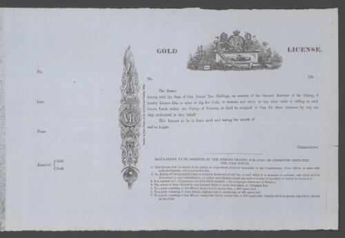 Gold license, [Royal Arms] Colony of Victoria / Commissioner, Colony of Victoria