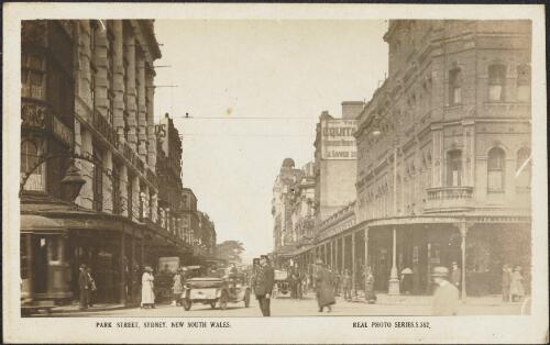 City buildings along Park Street, Sydney, approximately 1920