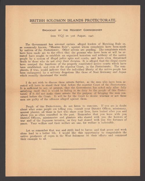 Broadcast  / by the Resident Commissioner, from VQJ on 31st August, 1947