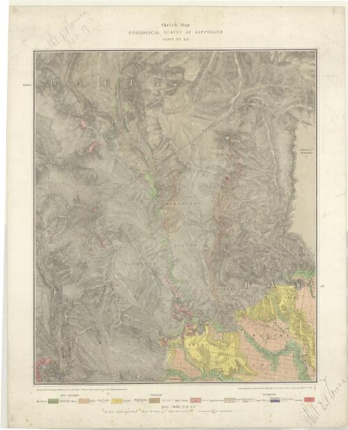 Sketch map, Geological Survey of Gippsland. Sheet no. 2 S.E. [cartographic material] / geologically and topographically surveyed by Reginald A.F. Murray under the direction of the Mining Dept. ; lithographed by R. Shepherd and J.M. Coakley