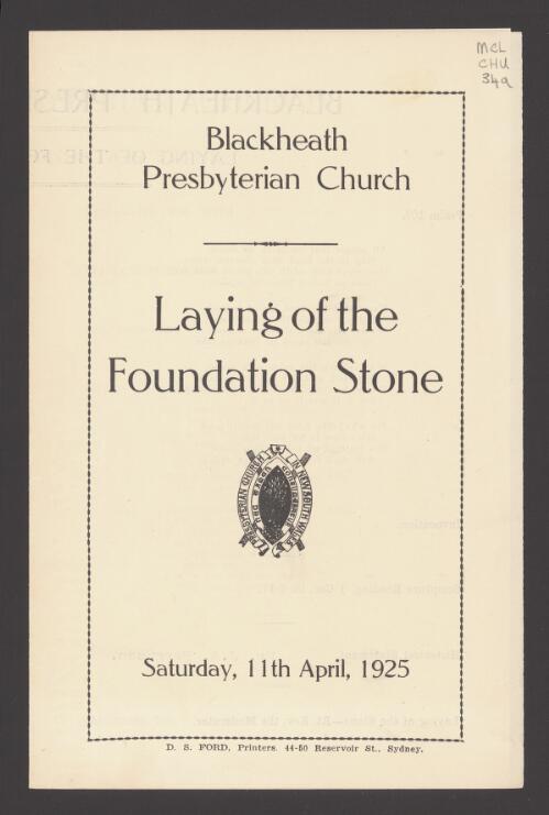 Blackheath Presbyterian Church : laying of the foundation stone, Saturday, 11th April, 1925