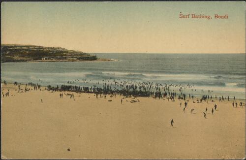 Surfing and swimming activities, Bondi Beach, New South Wales, approximately 1910