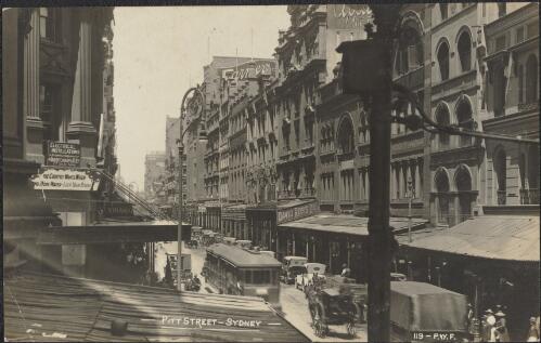 Trams, horse-drawn carriages, automobiles and city buildings along Pitt Street, Sydney, approximately 1920