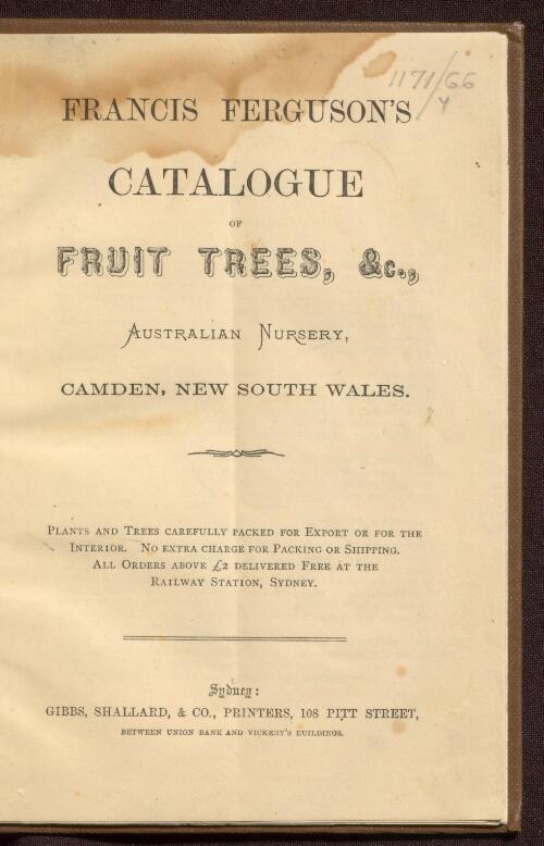 Catalogue of fruit trees, &c., Australian Nursery, Camden, New South Wales