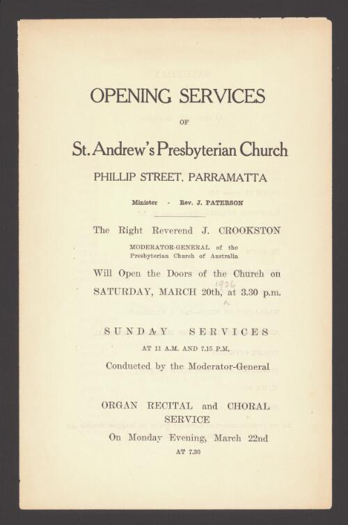Opening services of St.Andrew's Presbyterian Church, Phillip Street Parramatta