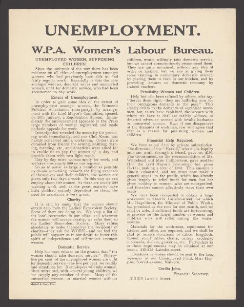 Unemployment / W.P.A. Women's Labour Bureau