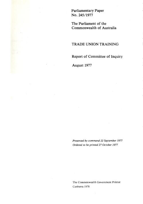 Trade union training : report of Committee of Inquiry, August 1977