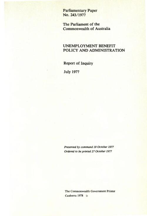 Unemployment benefit policy and administration : report of inquiry, July 1977