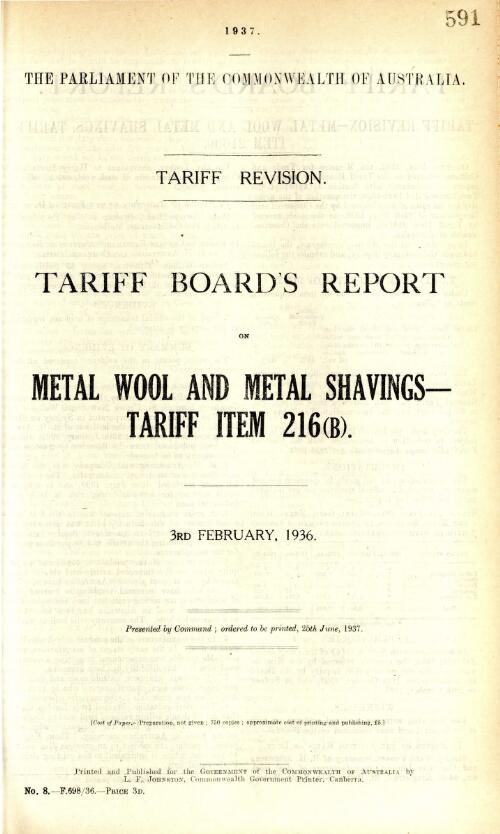 Tariff revision : Tariff Board's report on metal wool and metal shavings - tariff item 216(b), 3rd February, 1936