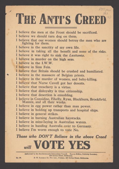 [Collection of leaflets issued by the Reinforcements Referendum Council and the National Referendum Council regarding 1916 national referendum on the reinforcement of the Australian Army during World War I]