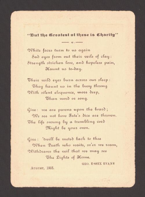But the greatest of these is charity / Geo. Essex Evans