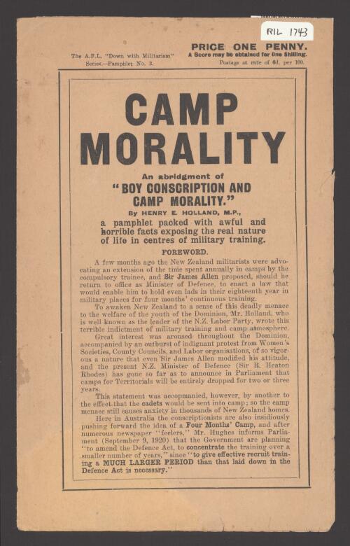 Camp morality : an abridgment of "Boy conscription and camp morality" / by H.E. Holland