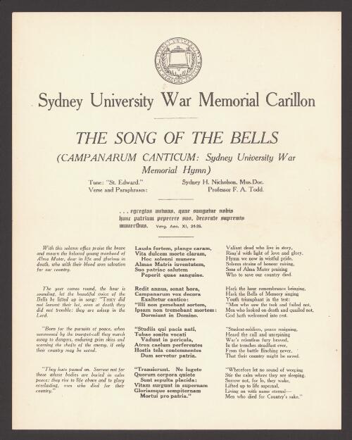 The song of the bells (campanarum canticum, Sydney University War Memorial hymn) / ... verse and paraphrases F.A. Todd