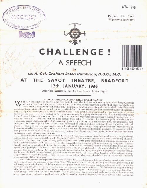 Challenge! : a speech / by Graham Seton Hutchison
