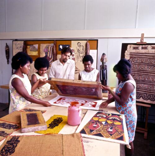 Students being taught silk screening at the teachers' training college, Goroka, Papua New Guinea, approximately 1968 / Robin Smith