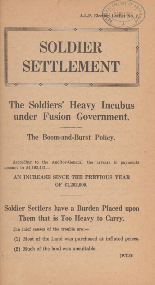 Soldier settlement : the soldiers' heavy incubus under fusion government : the boom-and-burst policy / authorised by D. L. McNamara