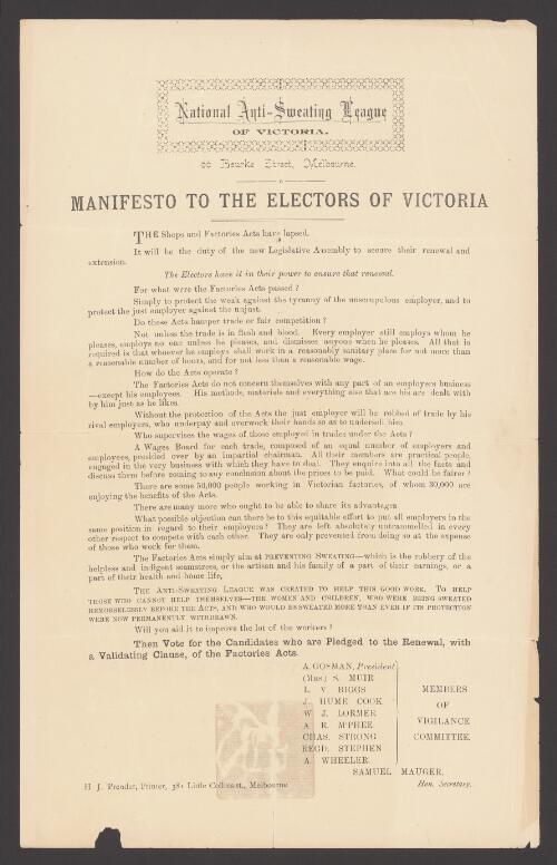 [National Anti-Sweating League of Victoria : ephemera material in the Riley Collection]
