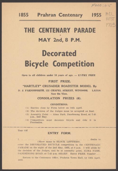 [Collection of invitations, programmes and posters concerning the Prahran centenary celebrations, April 24-May 7, 1955]