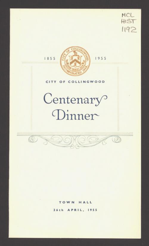City of Collingwood centenary dinner, Town Hall, 26th April, 1955