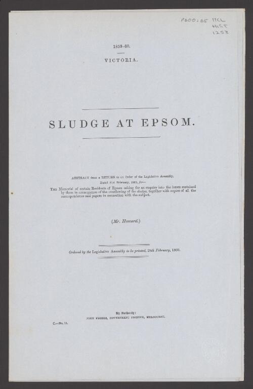 Sludge at Epsom : abstract from a Return to an Order of the Legislative Assembly