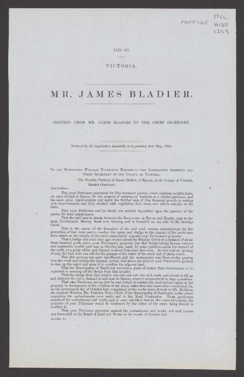 Mr. James Bladier : Petition from Mr. James Bladier to the chief secretary, ordered by the Legislative Assembly to be printed, 2nd May, 1860