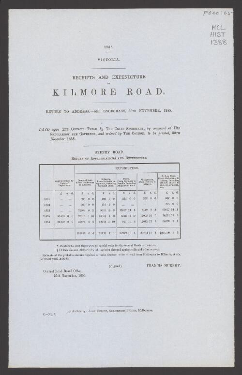 Receipts and expenditure on Kilmore Road : return to address, Mr. Snodgrass, 30th November, 1855